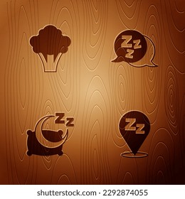 Set Sleepy, Broccoli, Time to sleep and  on wooden background. Vector