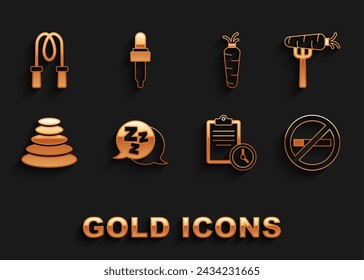 Set Sleepy, Carrot on fork, No Smoking, Sport training program, Stack hot stones, Jump rope and Pipette with oil icon. Vector