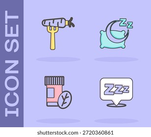 Set Sleepy, zanahoria en el tenedor, píldora de vitamina y el icono de tiempo para dormir. Vector