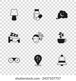 Set Sleepy, Chamomile tea, Ringing bell, Dreams, Table lamp, Sleeping pill and Time to sleep icon. Vector