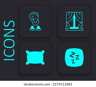 Set Sleepy, Earplugs and ear, Window with curtains and Pillow icon. Black square button. Vector