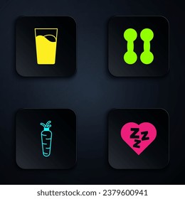 Set Sleepy, Glass with water, Carrot and Dumbbell. Black square button. Vector