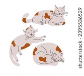 Set of sleepy lying hand drawn cats with spots. Vector pets in flat cartoon minimalistic style. Trendy illustration for sticker, decoration. Good for kids textile, decoration