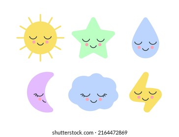 Set of sleepy nature weather with cute face toy sun, moon month, star, cloud, drop and lightning for baby design. Elements for childish fabric, print sign, card. Kids sleep. Vector illustration