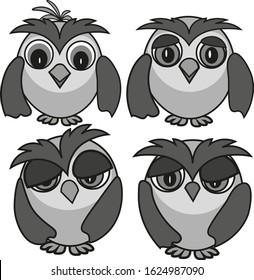 Set of sleepy owls with different emotions, vector drawing