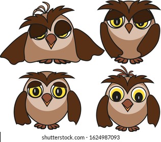 Set of sleepy owls with different emotions, vector drawing