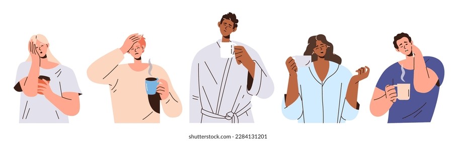 Set of sleepy people character drinking coffee trying to wake up or cheer up after work