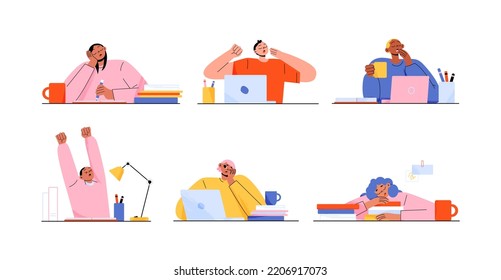 Set of sleepy people tired of computer work or studying. Exhausted flat male and female characters sitting at desk with closed eyes, yawning, stretching. Overworked freelancers. Vector illustration