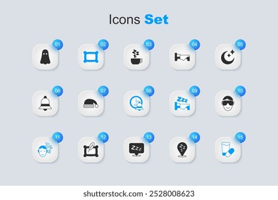 Set Sleepy, Sleeping hat, Pillow, Dreams, pill, Eye sleep mask, Ghost and Alarm clock icon. Vector