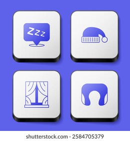 Set Sleepy, Sleeping hat, Window with curtains and Travel neck pillow icon. White square button. Vector