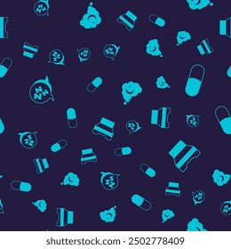 Set Sleepy, Sleeping pill, Dreams and Big bed on seamless pattern. Vector