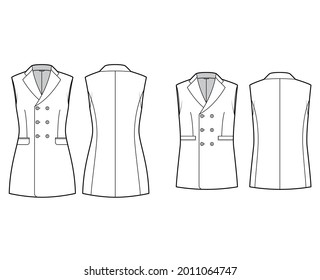 Set of Sleeveless jackets lapelled vests waistcoat technical fashion illustration with notched collar, button-up closure, pockets. Flat front, back, white color style. Women, men unisex top CAD mockup