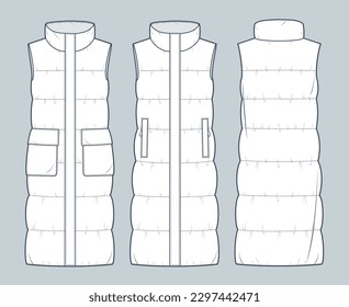 Set Sleeveless Jackets technical fashion Illustration  Down Waistcoat technical drawing template  roll neck  pocket  zip  up  front   back view  white  women  men  unisex CAD mockup set 