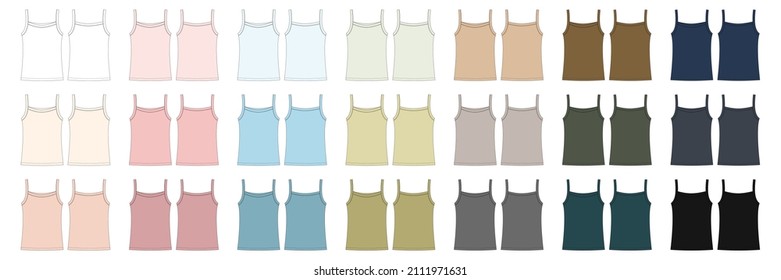 Set of sleeveless tank top technical sketch. Children girl outline t shirt underwear collection. Back and front view. CAD fashion design. Vector illustration