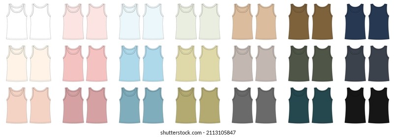 Set of sleeveless tank top technical sketch. Children girl outline t shirt underwear collection. Front and back view. CAD fashion design. Vector illustration