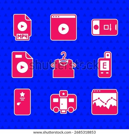 Set Sleeveless T-shirt, Actor trailer, Music wave equalizer, Light meter, Backstage, AVI file document, Photo and video shooting and MP4 icon. Vector