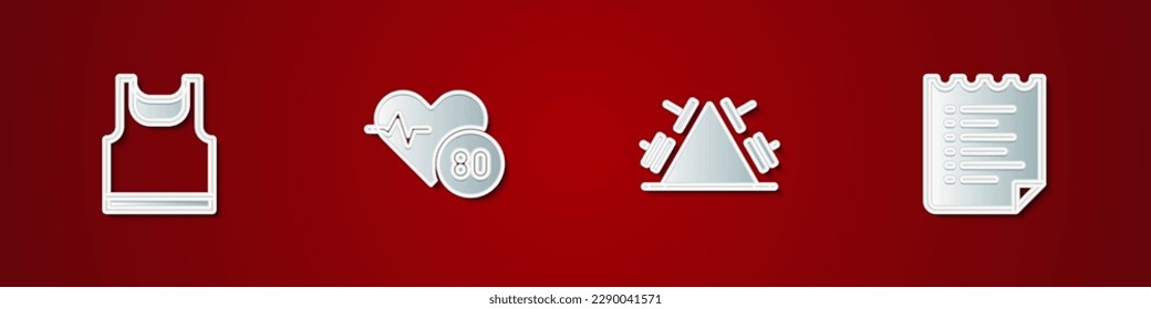 Set Sleeveless t-shirt, Heart rate, Metal rack with weight and Sport training program icon. Vector