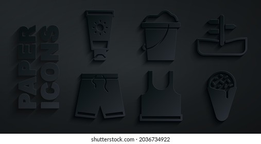 Set Sleeveless T-shirt, Road traffic sign, Swimming trunks, Ice cream waffle cone, Sand bucket and Sunscreen tube icon. Vector