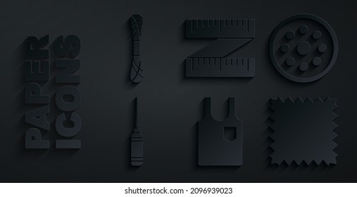 Set Sleeveless T-shirt, Sewing button, Awl tool, Leather, Tape measure and Yarn icon. Vector