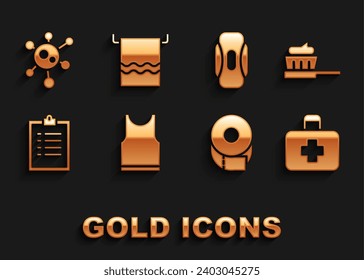 Set Sleeveless T-shirt, Toothbrush with toothpaste, First aid kit, Toilet paper roll, Clipboard checklist, Sanitary napkin, Virus and Towel on hanger icon. Vector