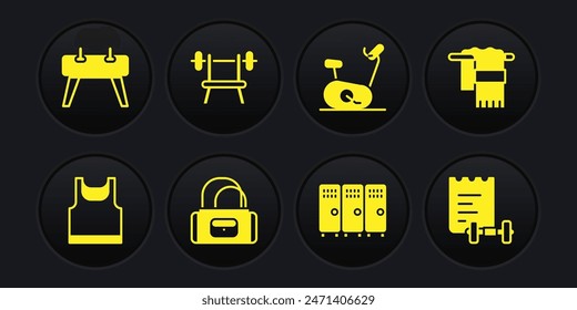 Set Sleeveless t-shirt, Towel on hanger, Sport bag, Locker changing room, Stationary bicycle, Bench with barbell, training program and Pommel horse icon. Vector