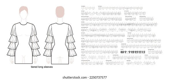 Set of sleeves - long, short, puff, knit, circle, kimono, rib, off-shoulder tucked, cowl bell, dolman clothes technical fashion illustration. Flat apparel template front, back sides. Women, men CAD