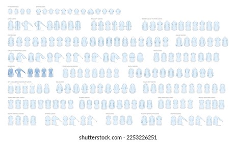Set of sleeves - long, short, puff, knit, circle, rib cowl, armhole slashed drop-shoulder clothes technical fashion illustration. Flat apparel template front, back sides. Women, men unisex CAD mockup