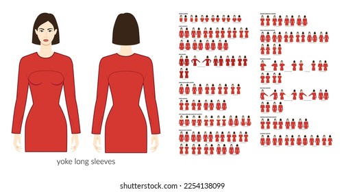 Set of sleeves - long, short, puff, knit rib, off-shoulder cowl slashed peasant, dolman, drop-shoulder, raglan clothes technical fashion illustration. Flat apparel template front, back. Women, men