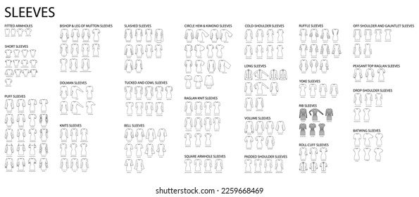 Set of sleeves - long, short, puff, knit, circle, kimono, rib, off-shoulder, cowl bell, slashed clothes technical fashion illustration. Flat apparel template front side. Women, men unisex CAD mockup