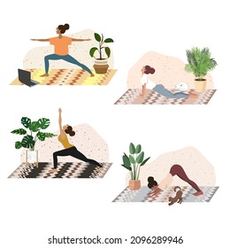 Un conjunto de chicas delgadas y atléticas haciendo yoga y educación física en el estudio y apartamento. Ilustración plana. Asana. Los gráficos vectoriales están aislados en un fondo blanco. Estilo de vida saludable.