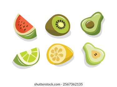 Set of slice fruit. Half fruit. Watermelon. Kiwi. Avocado. Citrus. Lemon. Pear.