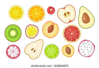 Set slice fruits. Vector color flat illustration lemon, orange, cherry, apple, avocado, kiwi, passion, grapefruit, peach, mangosteen, pear, lime, apricot, dragon, citrus isolated on white background