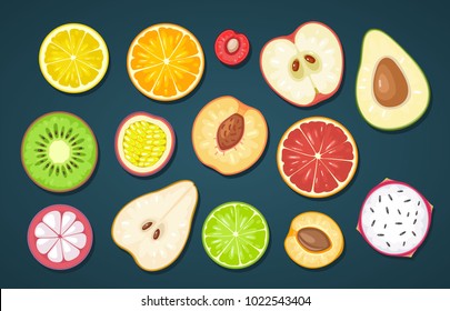 Set slice fruits. Vector color flat illustration lemon, orange, cherry, apple, avocado, kiwi, passion, grapefruit, peach, mangosteen, pear, lime, apricot, dragon, citrus with shadow on dark background