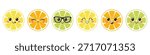 Set slice lemon orange lime, cute character cartoon, citrus fruit, big eyes, happy smiling face, emotions joy delight, kawaii style, vector illustration.
