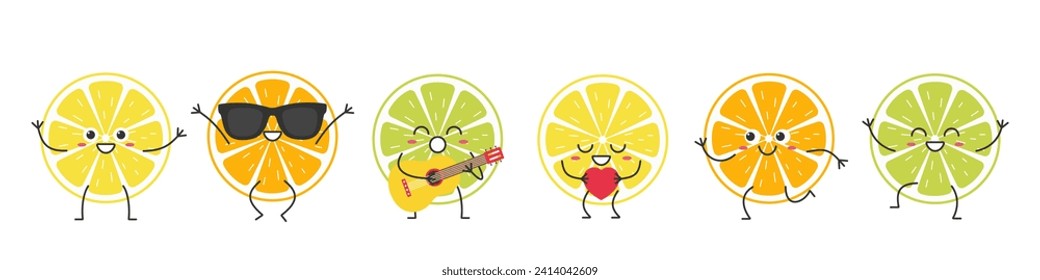 Set slice lemon orange lime cute character cartoon citrus fruit emotions joy happiness smiling face jumping running beautiful vector illustration.