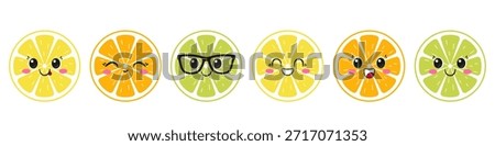 Set slice lemon orange lime, cute character cartoon, citrus fruit, big eyes, happy smiling face, emotions joy delight, kawaii style, vector illustration.