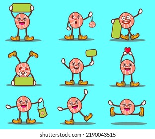 set of slice of meat as cartoon meat characters. Different expression for cute character vector illustration