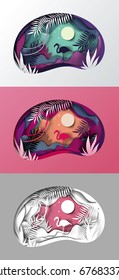 set the Slice of paper, origami, tropical landscape. Sun, silhouette of nature flamingo, vector