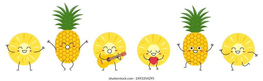 Set slice pineapple juicy fruit character cartoon greeting jumping loves sings running cute funny smiling face happy joy emotions icon vector illustration.