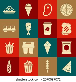 Set Slice of pizza, Bag or packet potato chips, Sandwich, Steak meat, Chicken leg, Sushi on cutting board, Asian noodles bowl and Coffee cup go icon. Vector