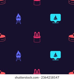 Set Slice of pizza, Barbecue grill, Magician hat and rabbit ears and Cake with burning candles on seamless pattern. Vector