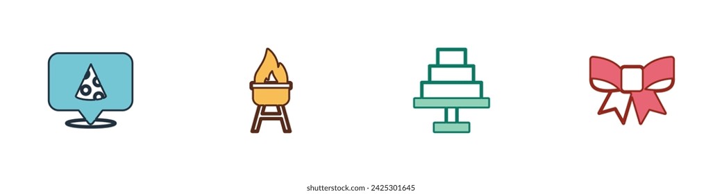 Set Slice of pizza, Barbecue grill, Cake and Gift bow icon. Vector