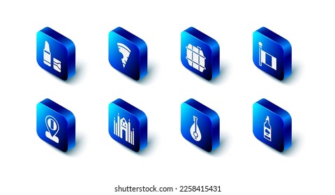 Set Slice of pizza, Barrel for wine, Flag Italy, Bottle olive oil, Mandolin, Milan Cathedral, Location flag and Lipstick icon. Vector