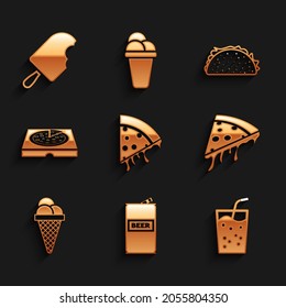Set Slice of pizza, Beer can, Glass with water, Ice cream in waffle cone, Pizza cardboard box, Taco tortilla and  icon. Vector
