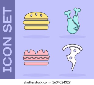 Set Slice of pizza, Burger, Sandwich and Chicken leg icon. Vector