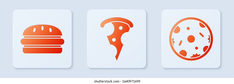 Set Slice of pizza, Burger and Pizza. White square button. Vector