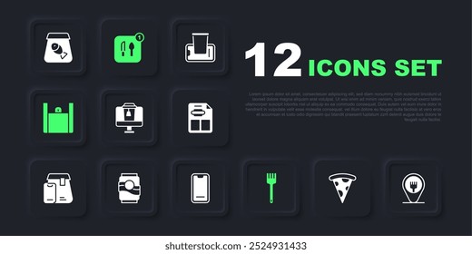 Set Slice of pizza, Cafe and restaurant location, Online ordering food, Fork, Soda can, Food and mobile icon. Vector