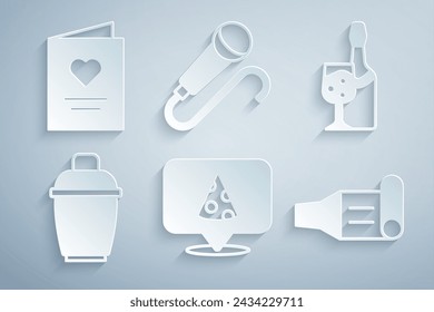 Set Slice of pizza, Champagne bottle, Cocktail shaker, Birthday party horn, Microphone and Postcard with heart icon. Vector