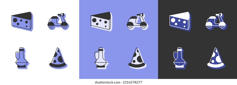 Set Slice of pizza, Cheese, Bottle olive oil and Scooter icon. Vector