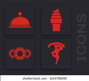 Set Slice of pizza, Covered with a tray of food, Ice cream in waffle cone and Donut with sweet glaze icon. Vector